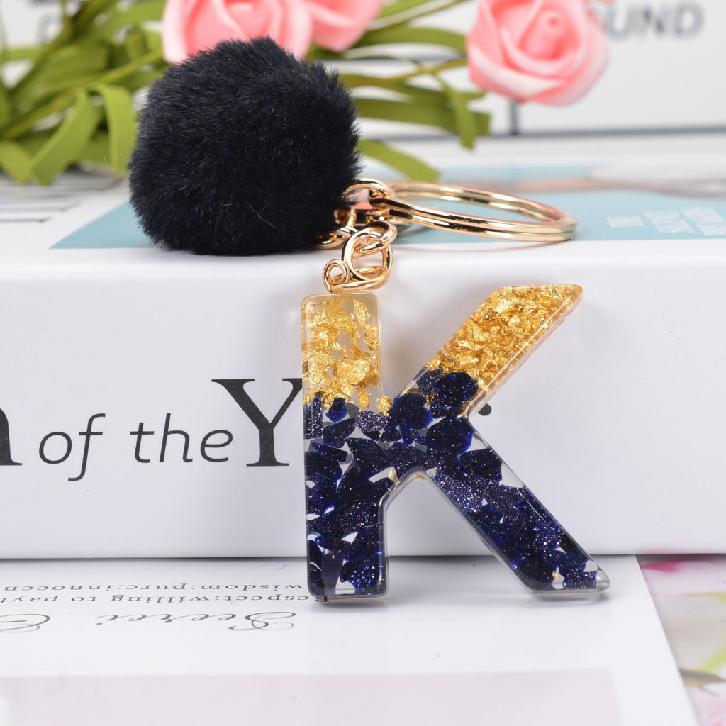 Glitter Resin Initial Keychain With Fur Pom - K