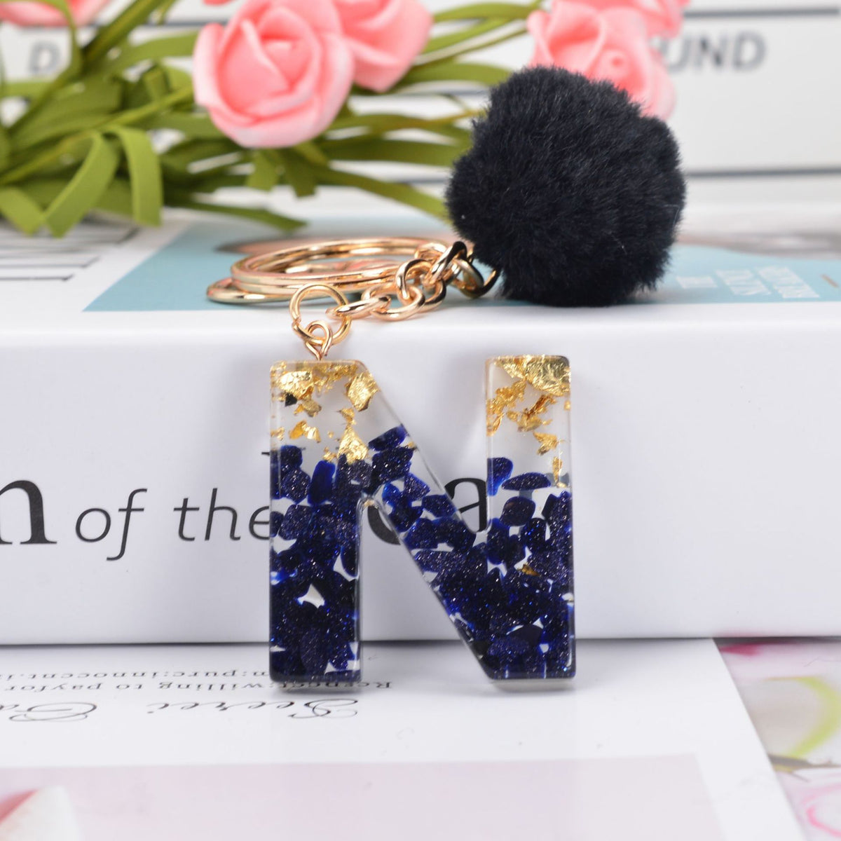 Glitter Resin Initial Keychain With Fur Pom - N