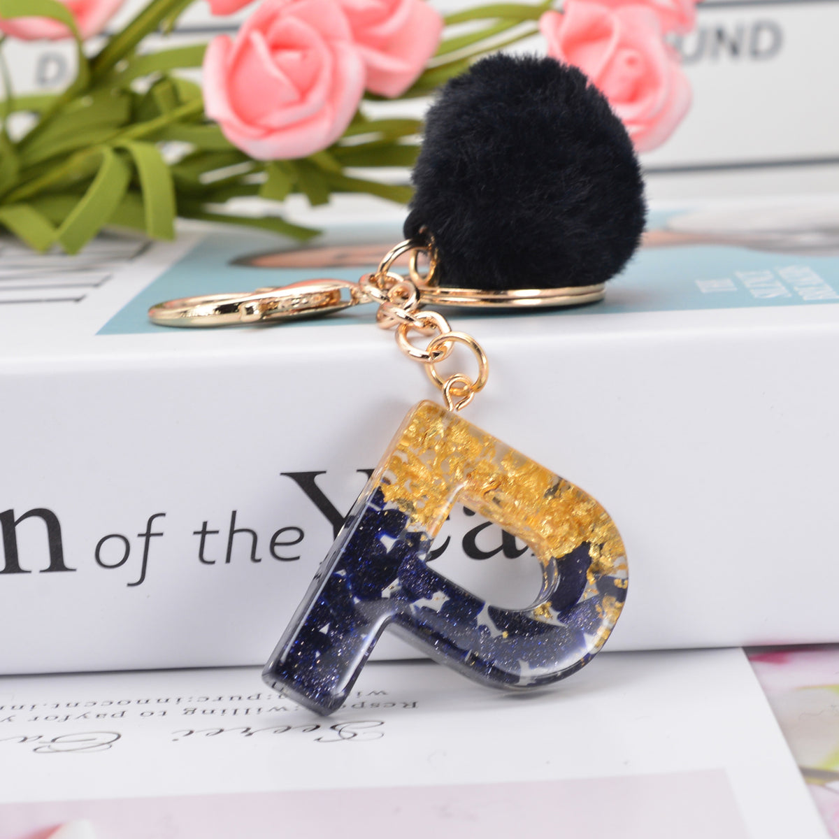 Glitter Resin Initial Keychain With Fur Pom - P