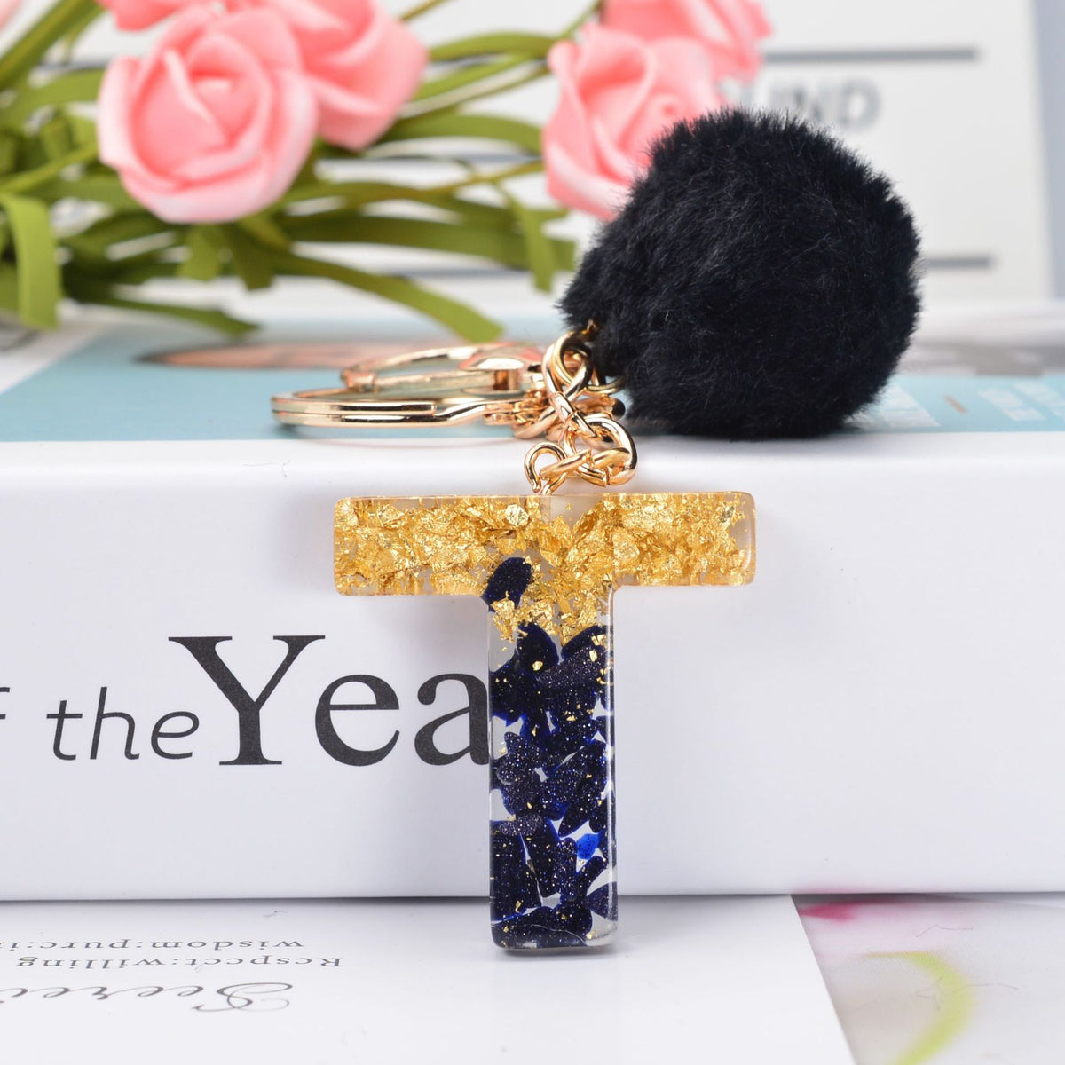 Glitter Resin Initial Keychain With Fur Pom - T