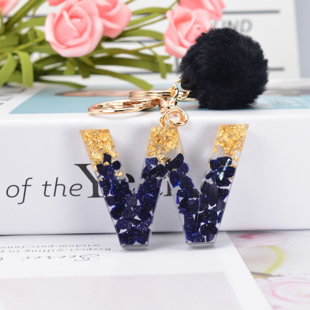 Glitter Resin Initial Keychain With Fur Pom - W