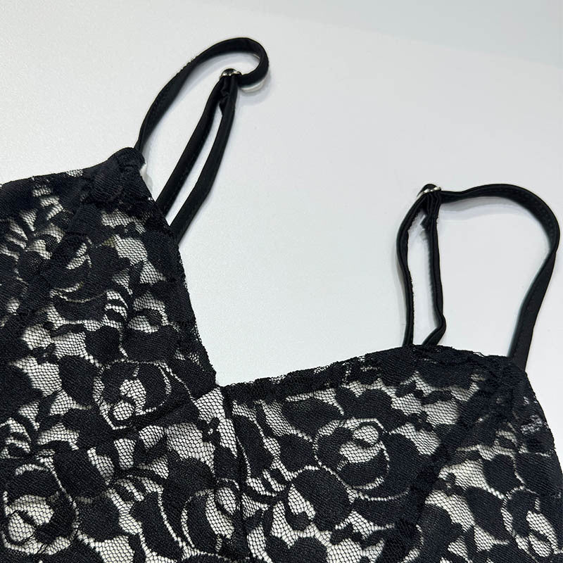 Floral Lace Slip Maxi Dress - Black - 2