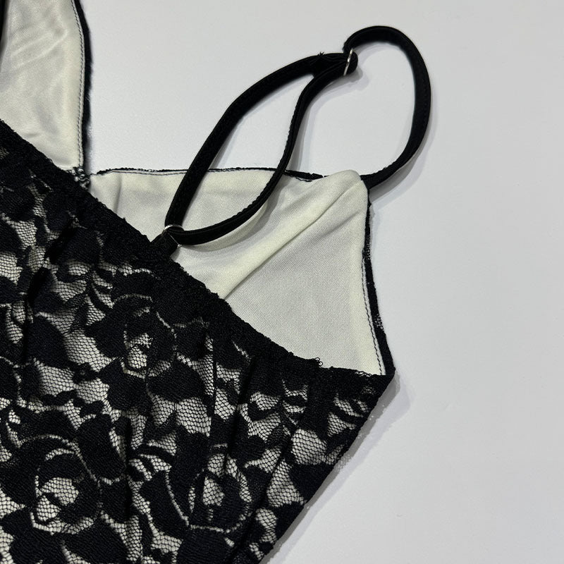 Floral Lace Slip Maxi Dress - Black - 3