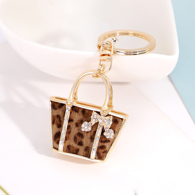 Leopard Print Mini Tote Bag Keychain - Gold