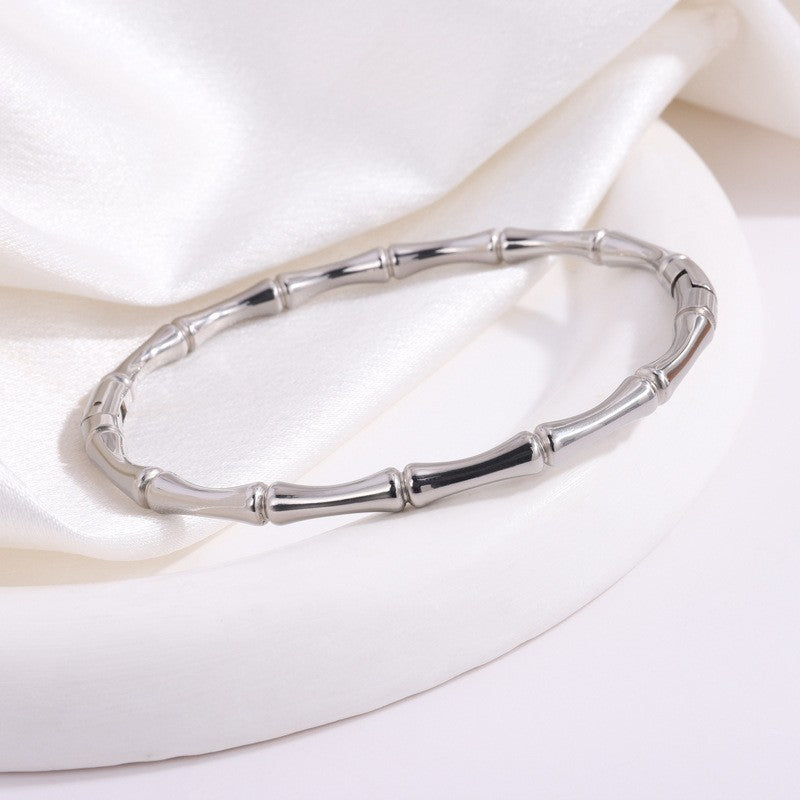 Bamboo Segment Slim Hinged Bangle Bracelet - Silver