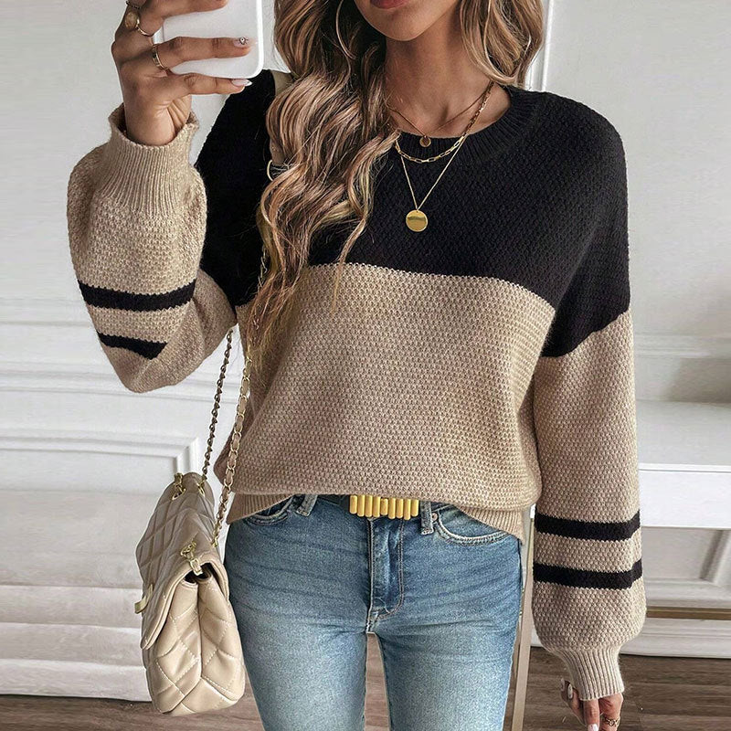 Two Tone Colorblock Crew Knit Pullover - Black