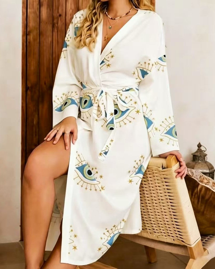 Boho Eye Print Tie Waist Kimono - Eye