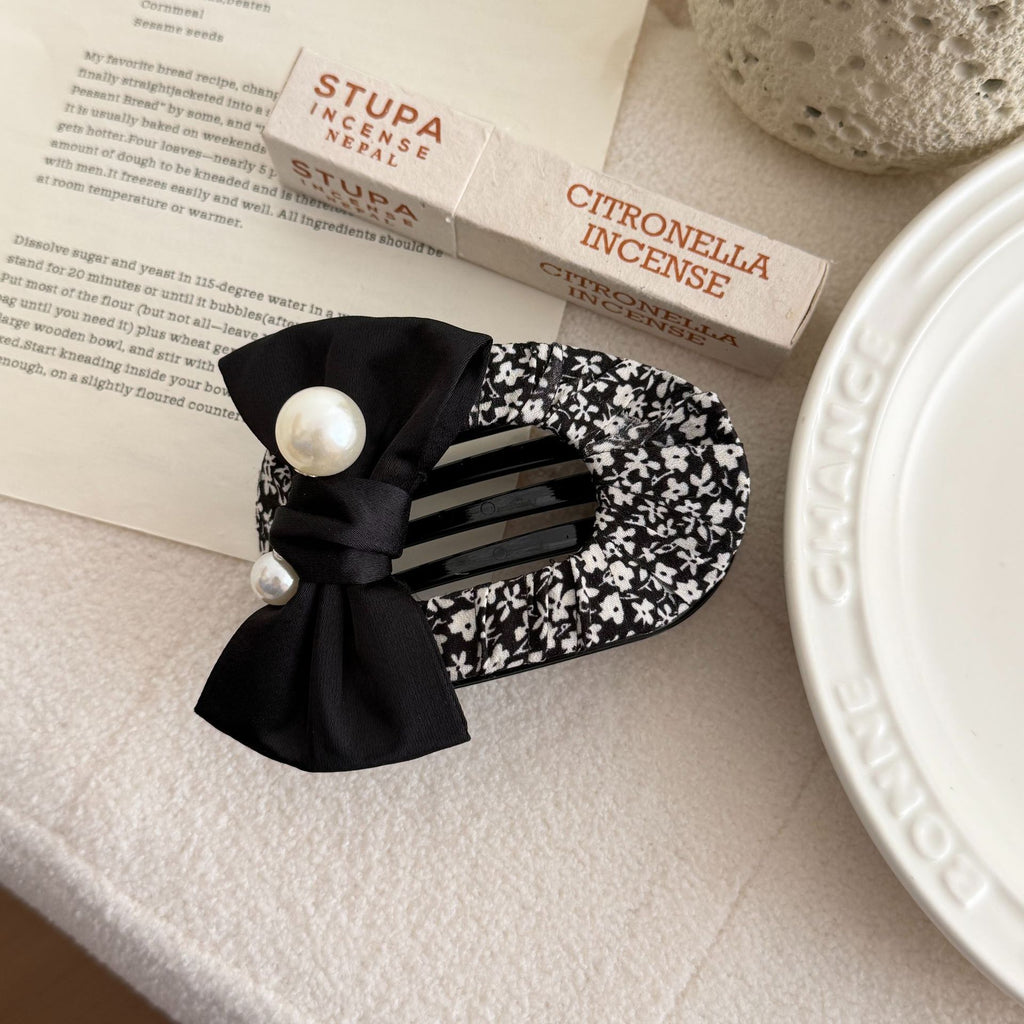 Ruched Hair Claw Clip With Bow or Bear Charm - Black_Bow
