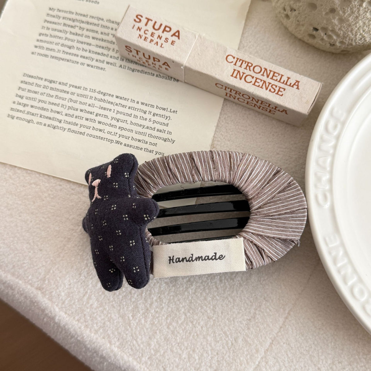 Ruched Hair Claw Clip With Bow or Bear Charm - Coffee_Bear