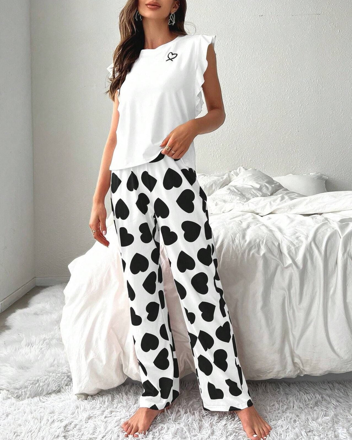 Flutter Shoulder Top And Printed Pants Set - Black