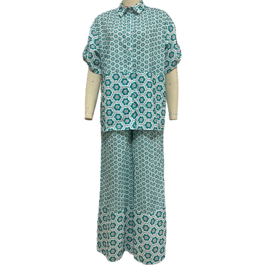 Geo Print Shirt And Wide Leg Pant Set - Green