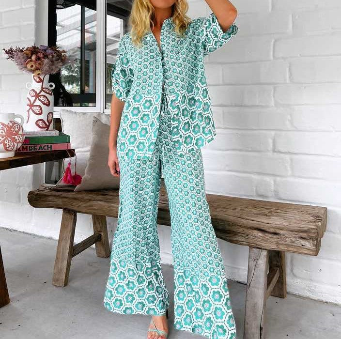 Geo Print Shirt And Wide Leg Pant Set - Green - 1