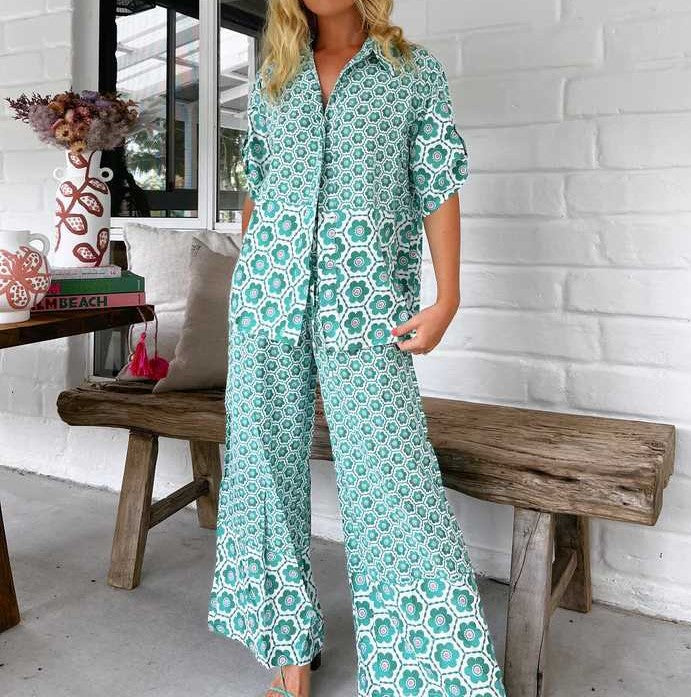 Geo Print Shirt And Wide Leg Pant Set - Green - 2