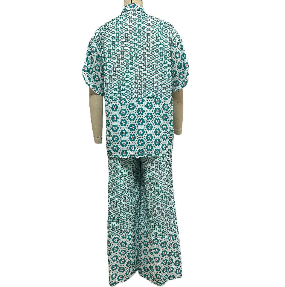 Geo Print Shirt And Wide Leg Pant Set - Green - 3