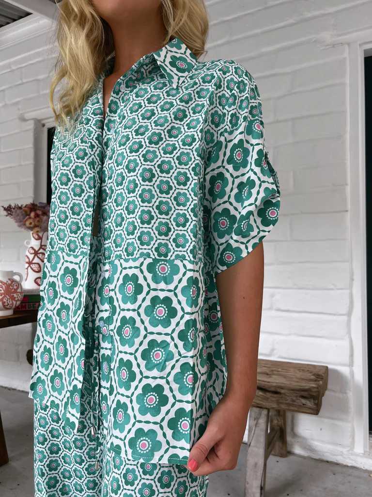 Geo Print Shirt And Wide Leg Pant Set - Green - 4