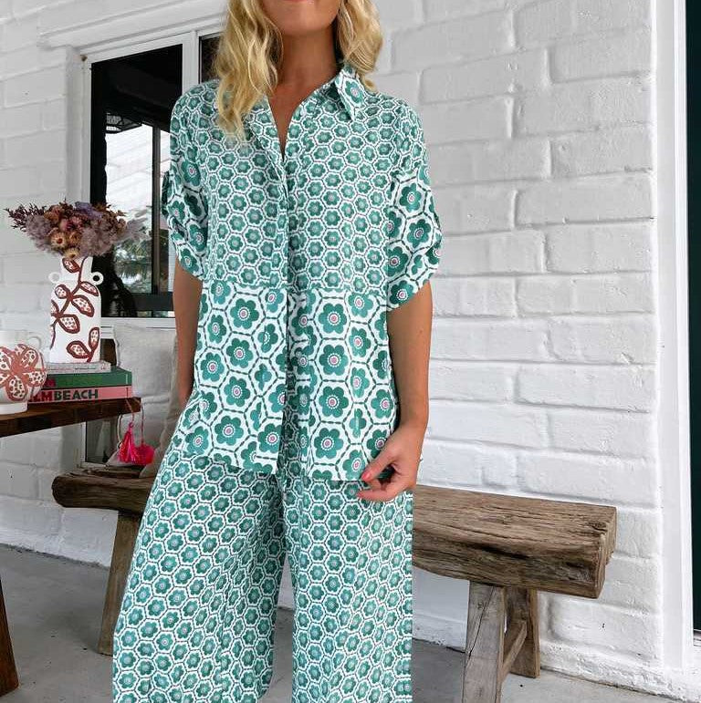 Geo Print Shirt And Wide Leg Pant Set - Green - 5