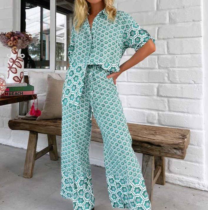 Geo Print Shirt And Wide Leg Pant Set