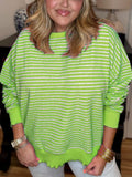 Striped Distressed Raw Hem Oversized Sweatshirt - Green