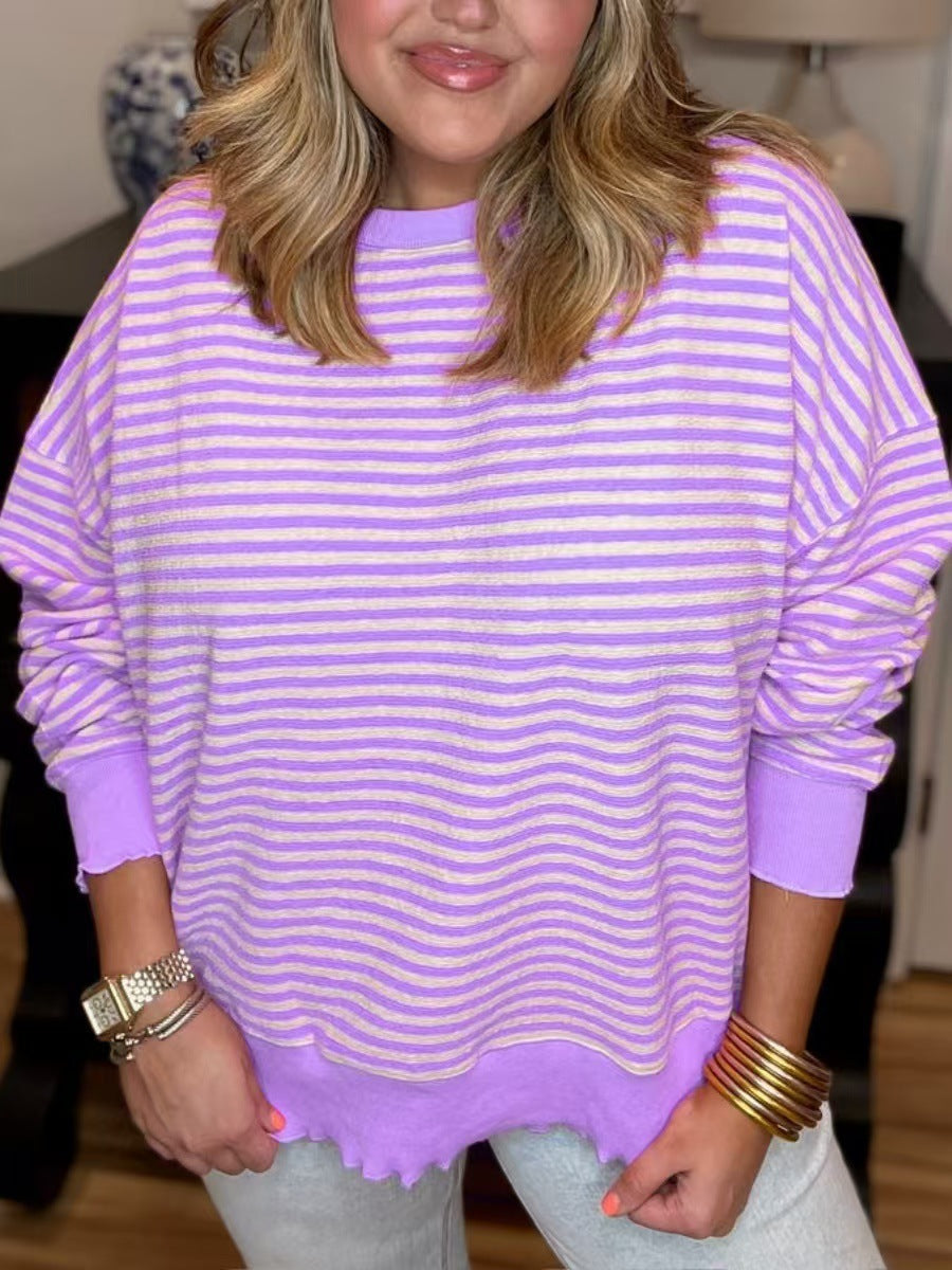 Striped Distressed Raw Hem Oversized Sweatshirt - Purple
