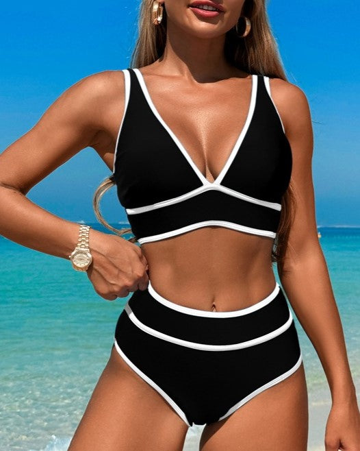 Piped V Neck Bralette Bikini Set - Black - 1