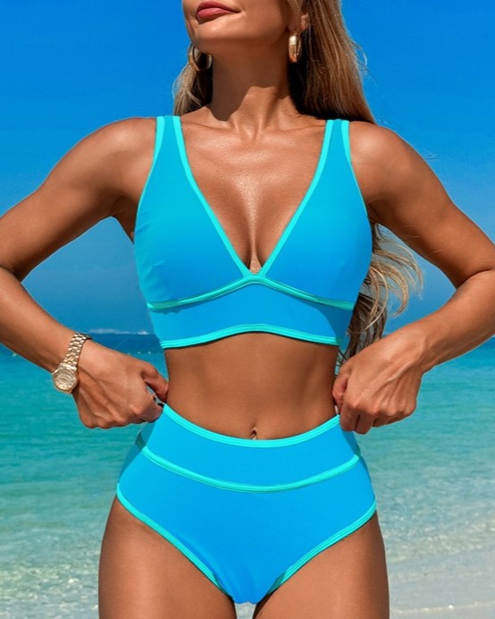 Piped V Neck Bralette Bikini Set - SkyBlue
