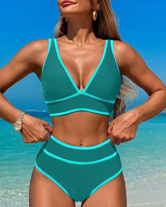 Piped V Neck Bralette Bikini Set - Teal