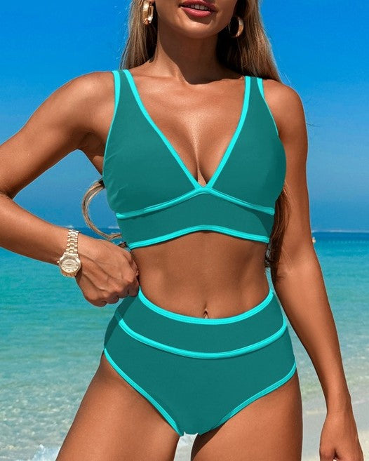 Piped V Neck Bralette Bikini Set - Teal - 1