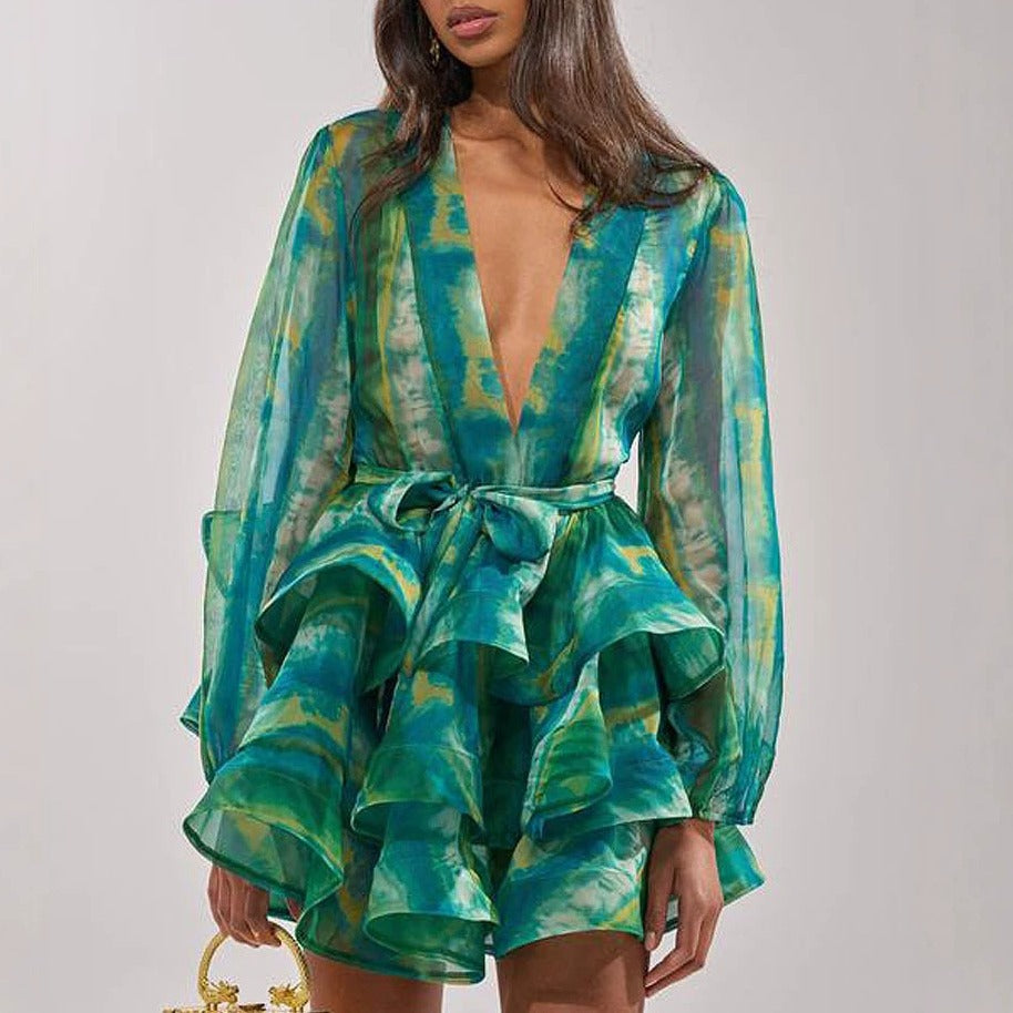 Green Tie Dye Organza Ruffle Plunge Mini Dress