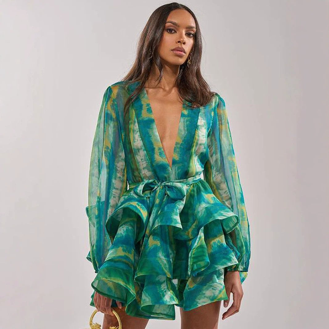 Green Tie Dye Organza Ruffle Plunge Mini Dress