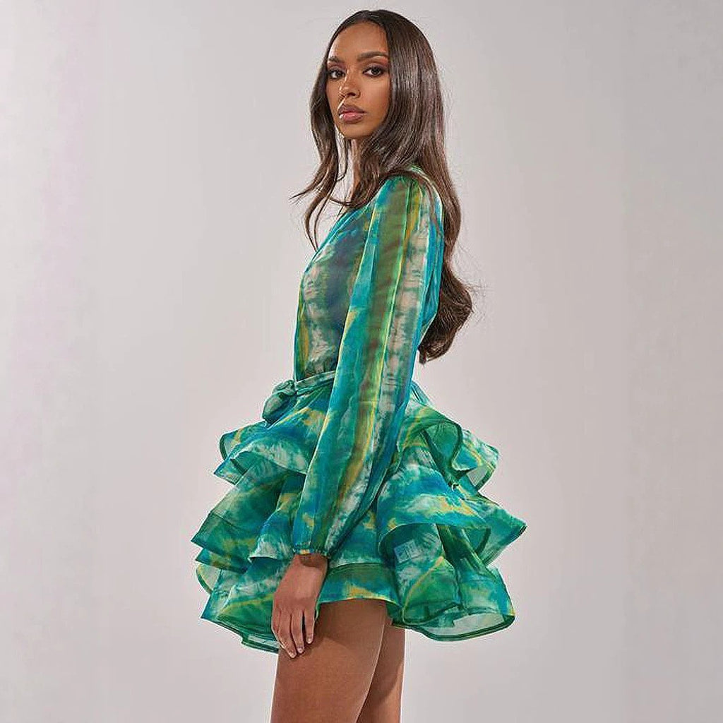 Green Tie Dye Organza Ruffle Plunge Mini Dress