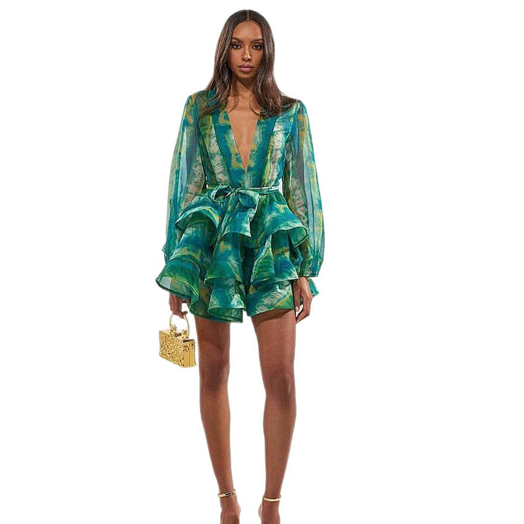 Green Tie Dye Organza Ruffle Plunge Mini Dress