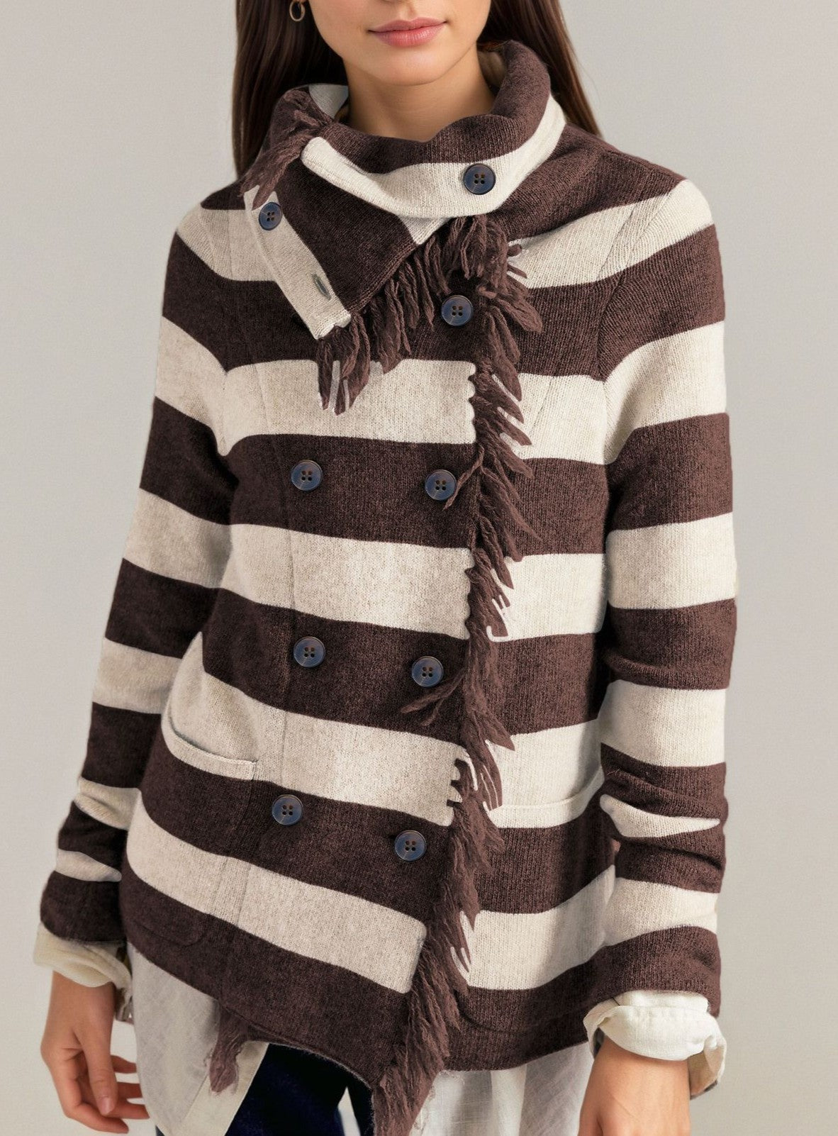Striped Fringe Trim Double Breasted Cardigan - Brown