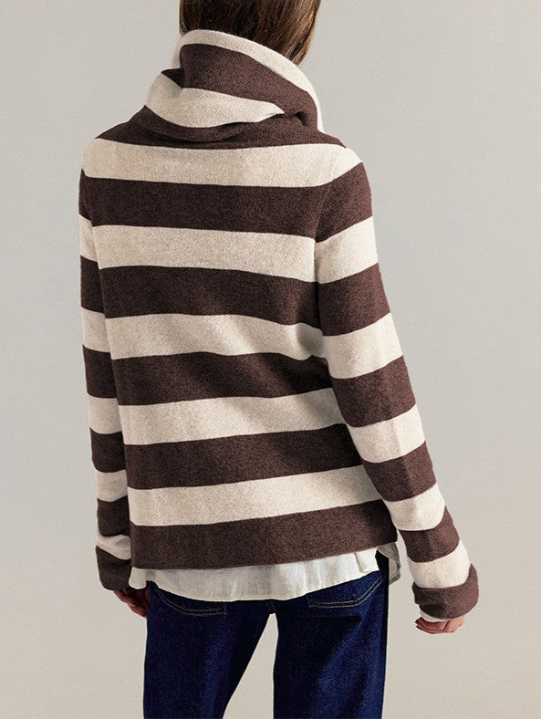 Striped Fringe Trim Double Breasted Cardigan - Brown - 1
