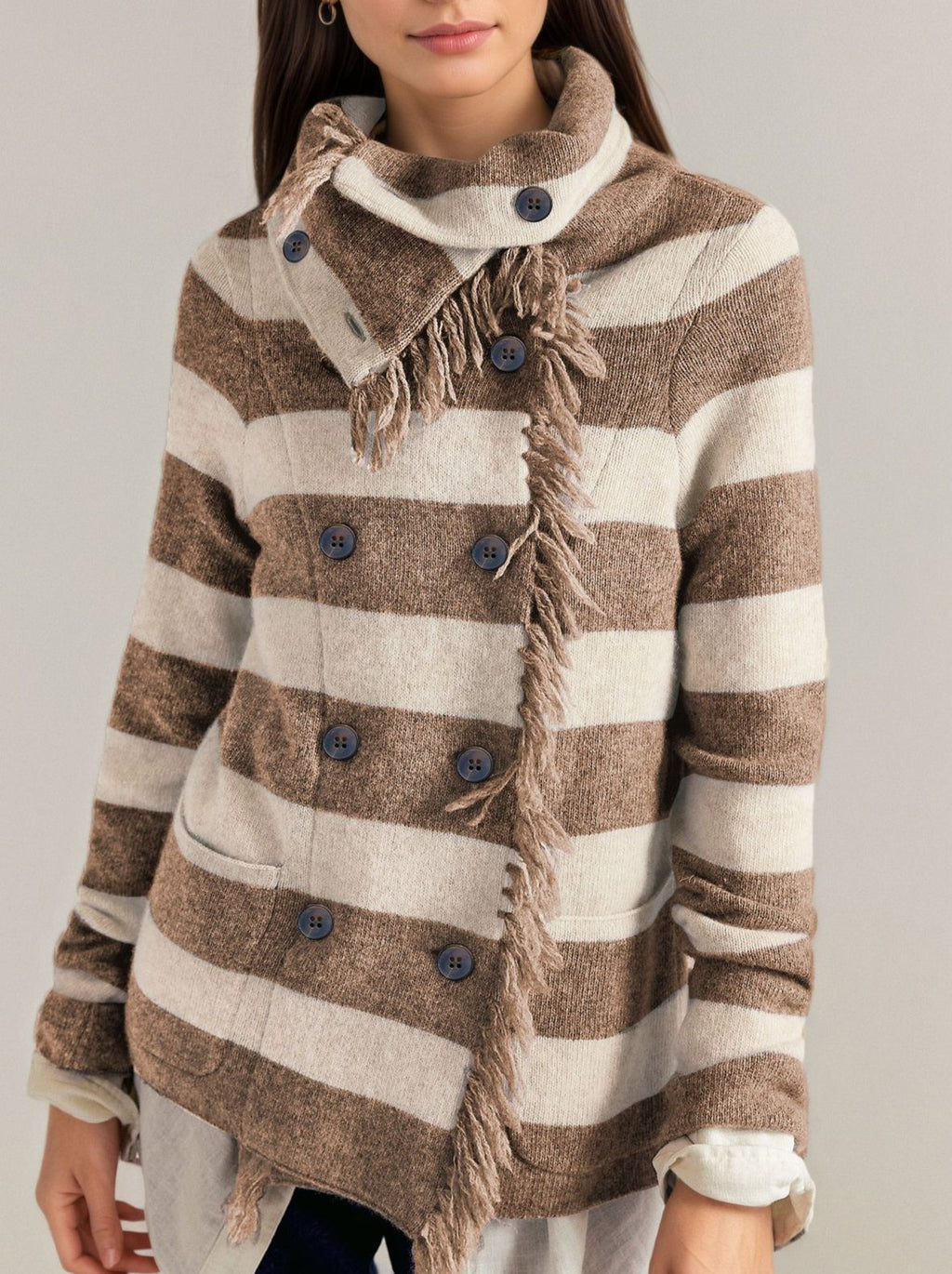 Striped Fringe Trim Double Breasted Cardigan - Khaki