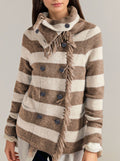 Striped Fringe Trim Double Breasted Cardigan - Khaki