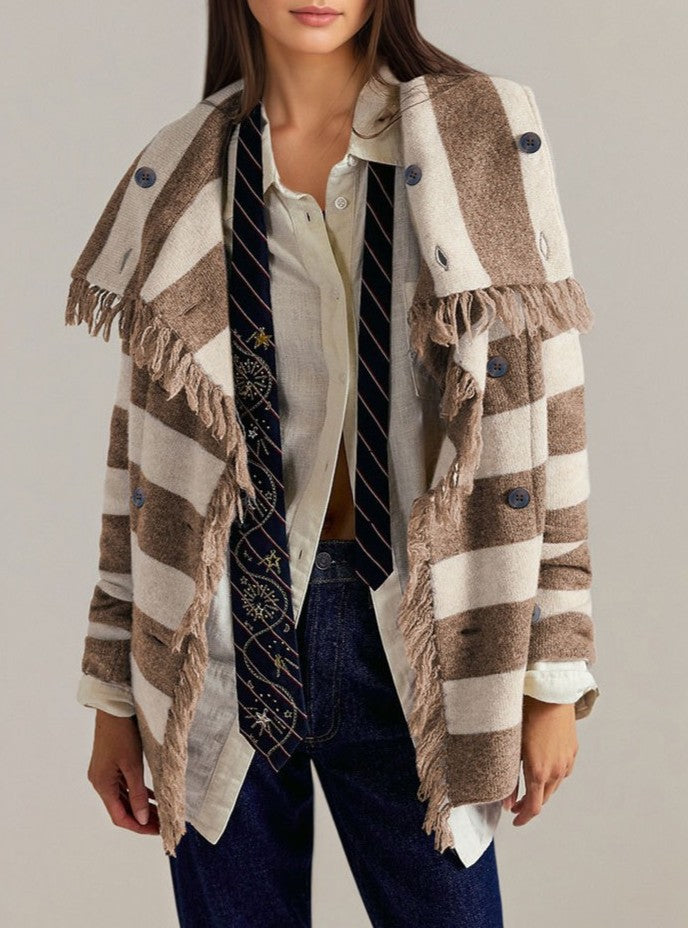 Striped Fringe Trim Double Breasted Cardigan - Khaki - 1