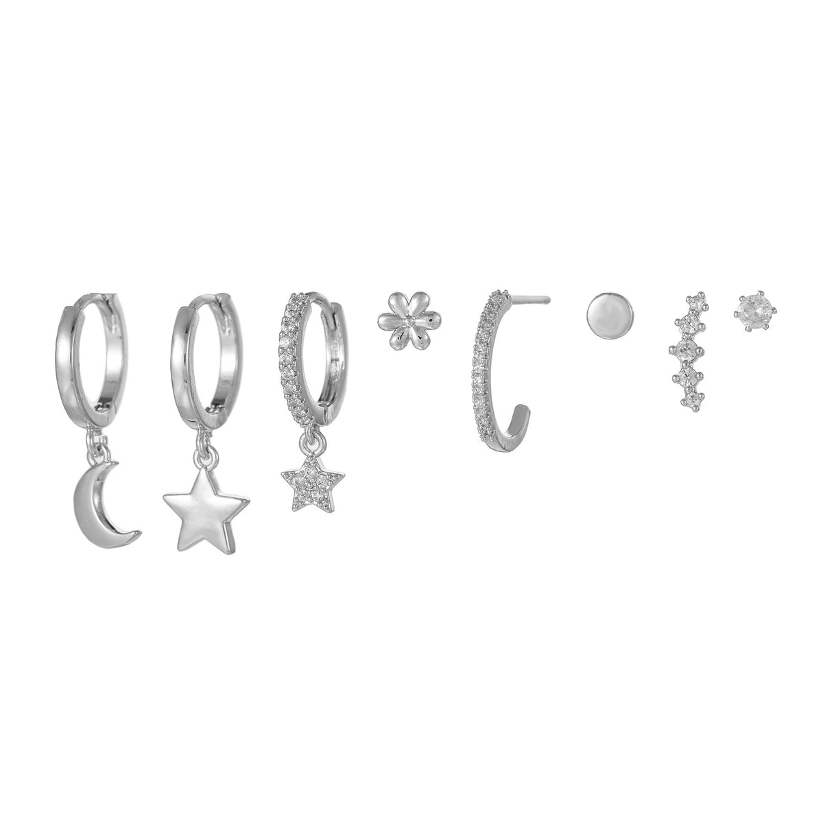 Crescent Moon Star Flower Earring Set - Silvery