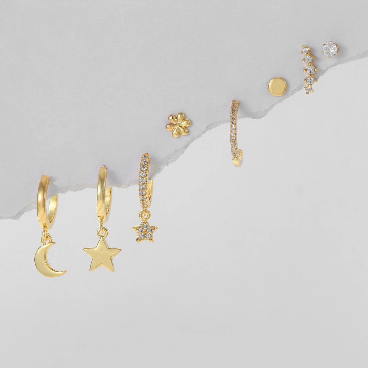 Crescent Moon Star Flower Earring Set