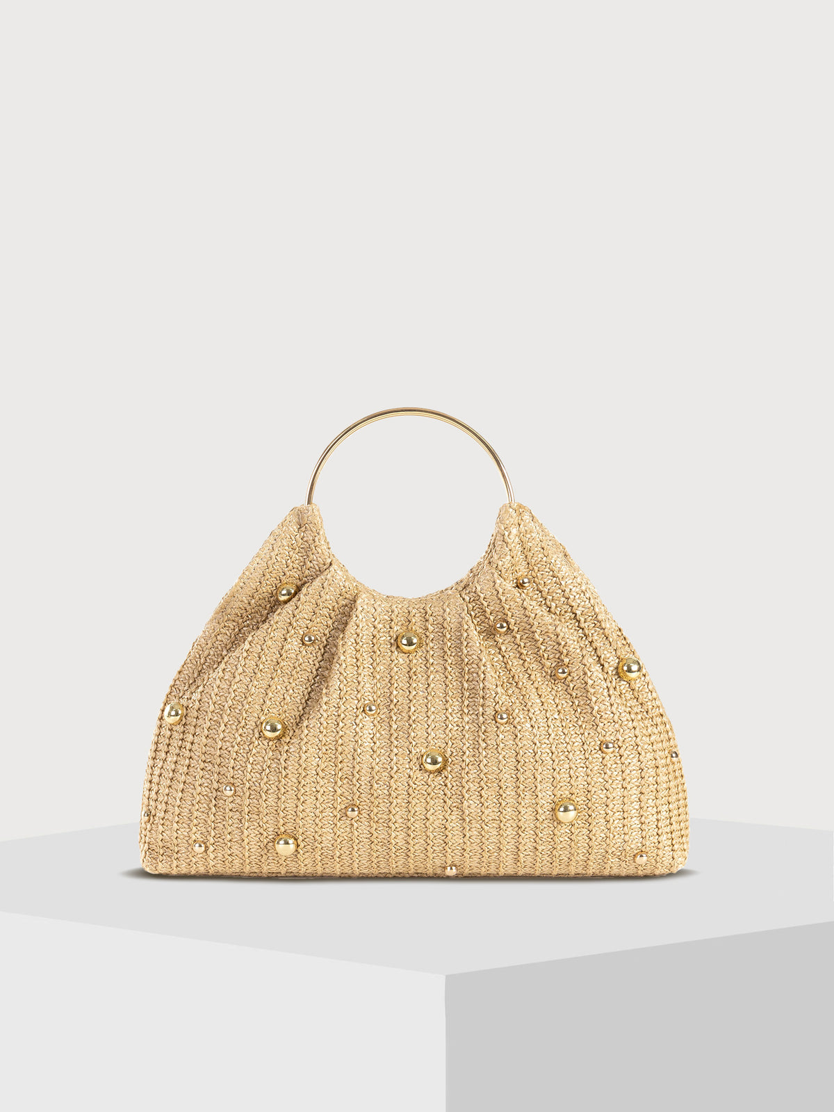 Beaded Woven Straw Bag With Ring Handle - Apricot