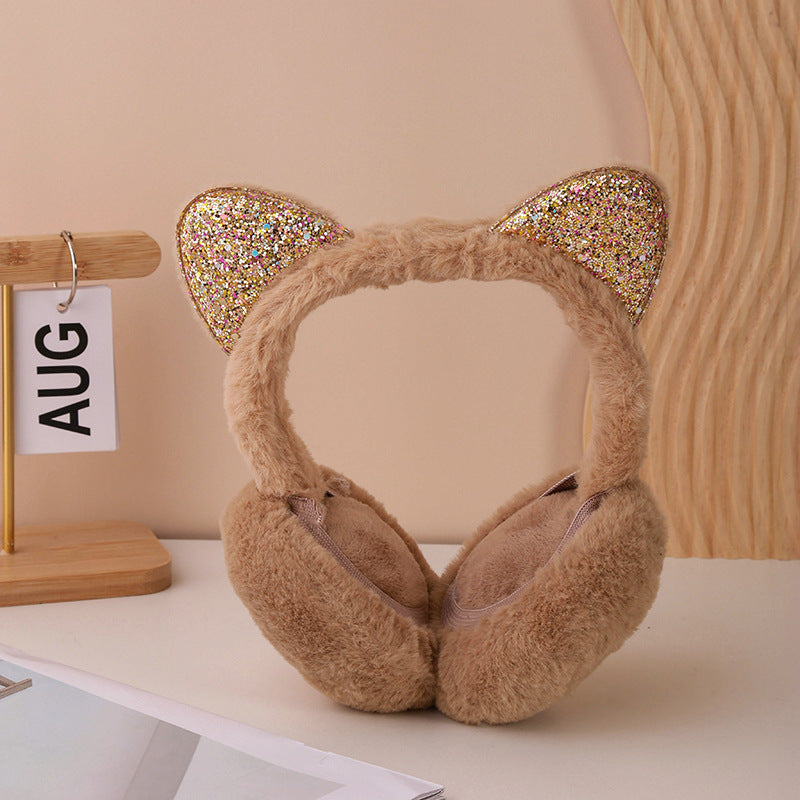Kids Cat Ear Earmuffs With Glitter Trim - Fold_Camel