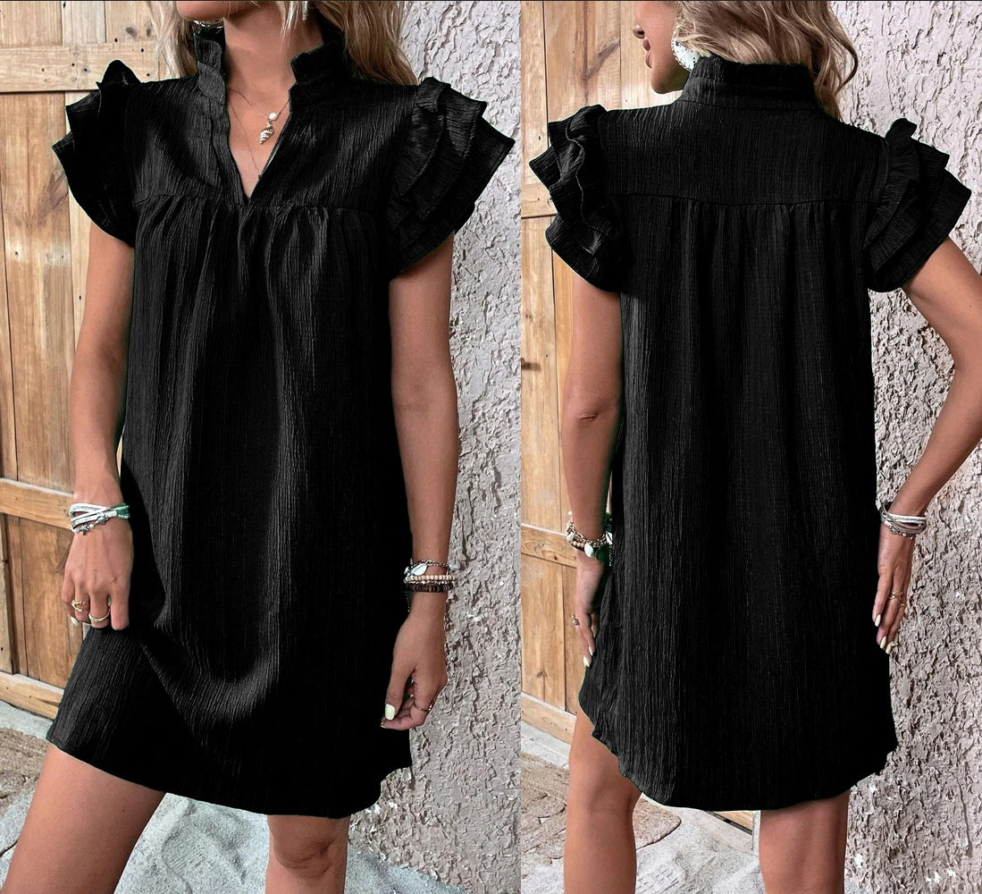 Ruffle Sleeve Split Neck Shift Dress - Black