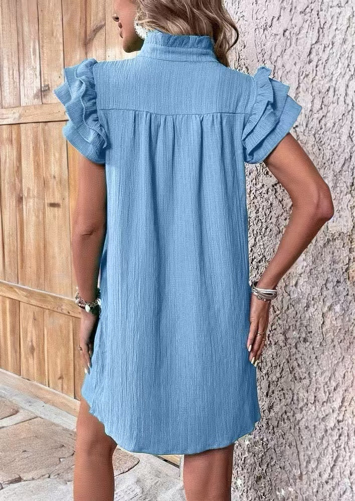 Ruffle Sleeve Split Neck Shift Dress - Blue - 1