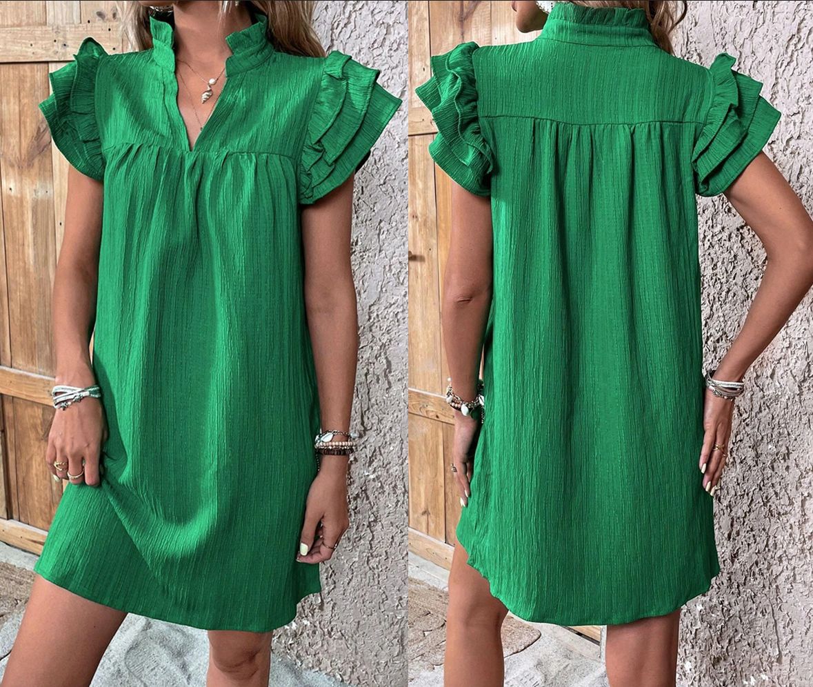 Ruffle Sleeve Split Neck Shift Dress - Green