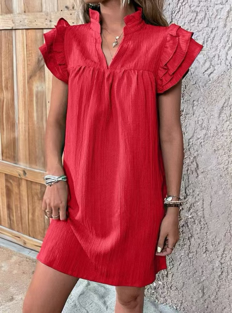 Ruffle Sleeve Split Neck Shift Dress - Red