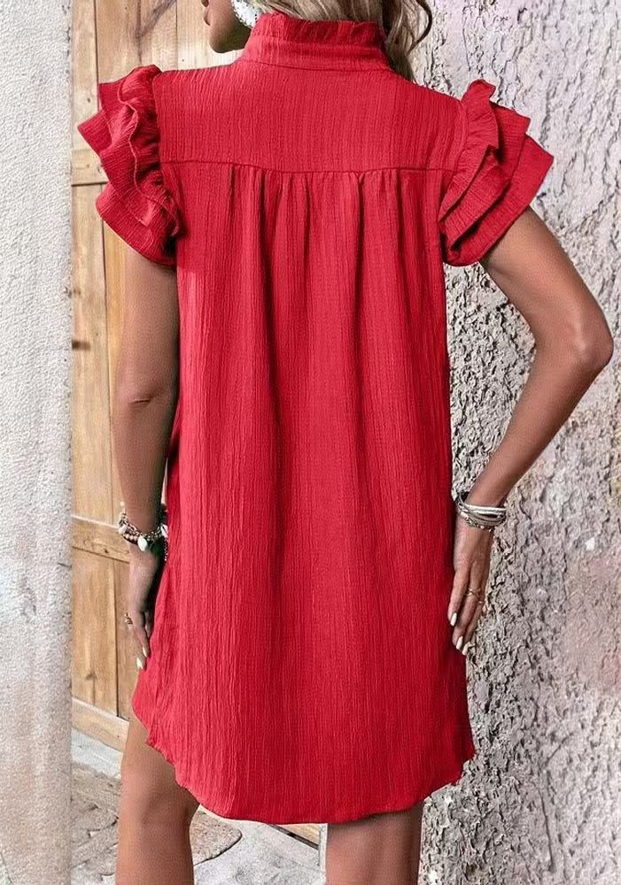 Ruffle Sleeve Split Neck Shift Dress - Red - 1