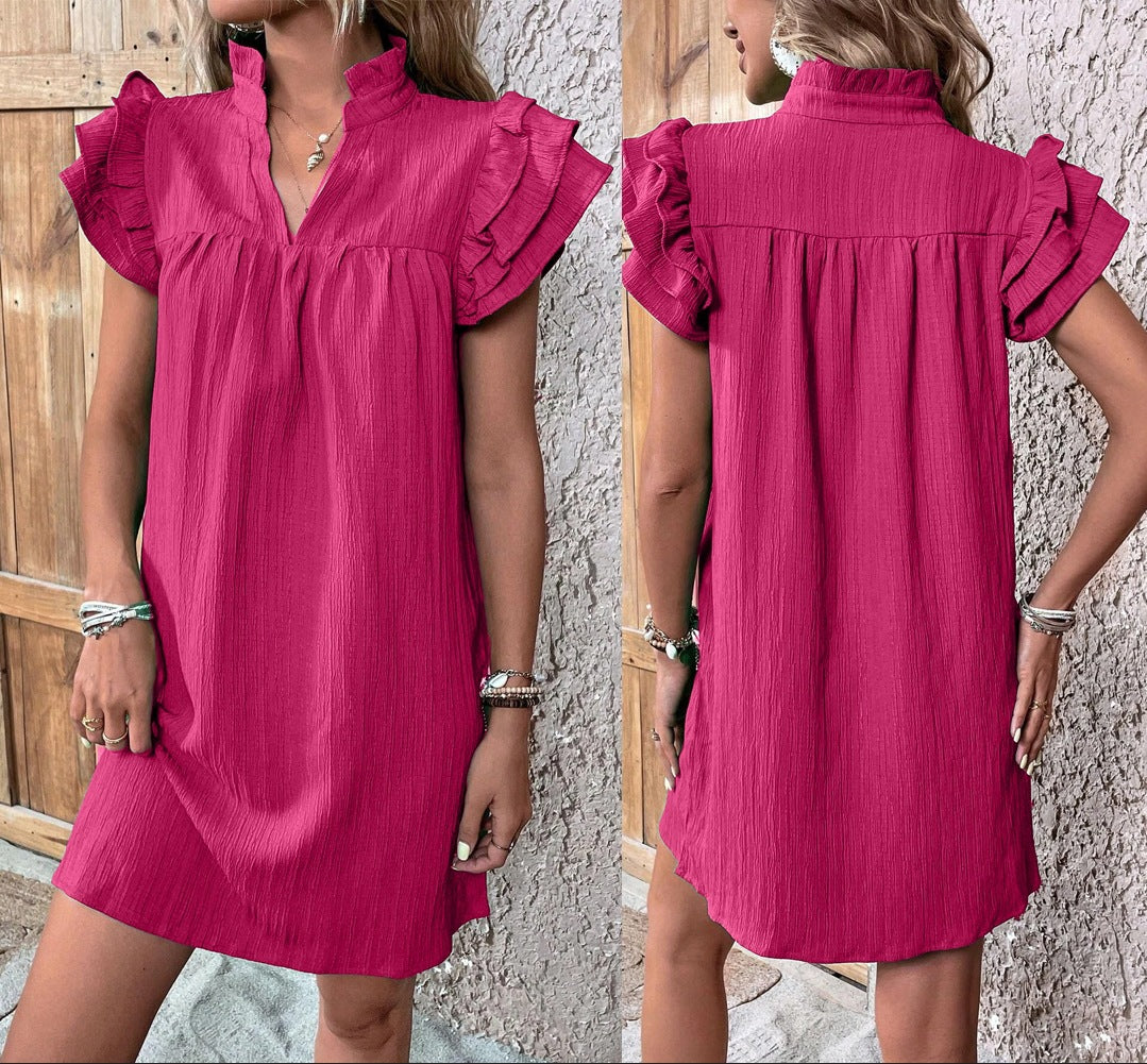 Ruffle Sleeve Split Neck Shift Dress - Rose