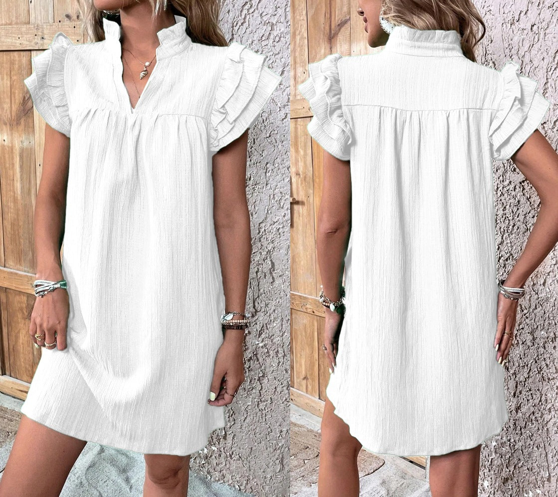 Ruffle Sleeve Split Neck Shift Dress - White