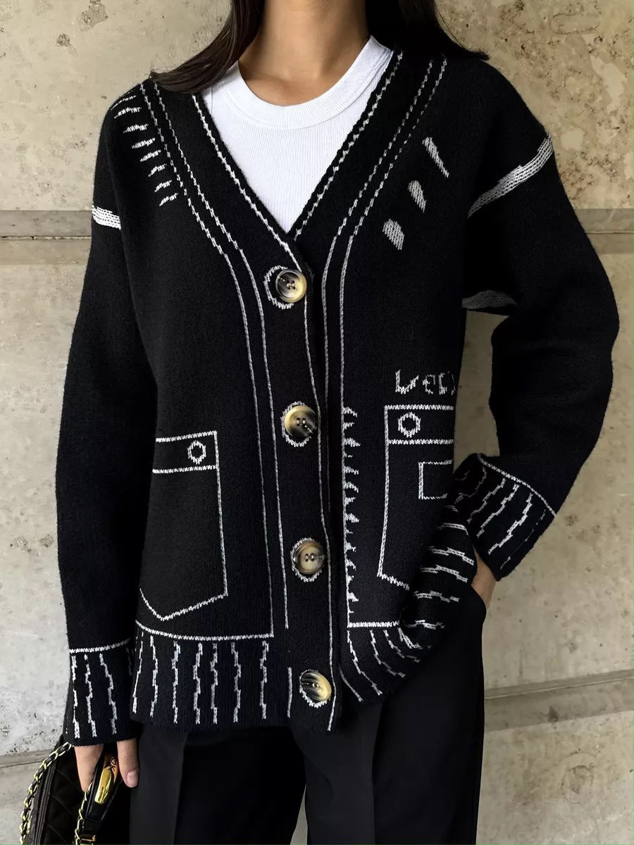 Sketch Line Art Jacquard Knit Cardigan - Black