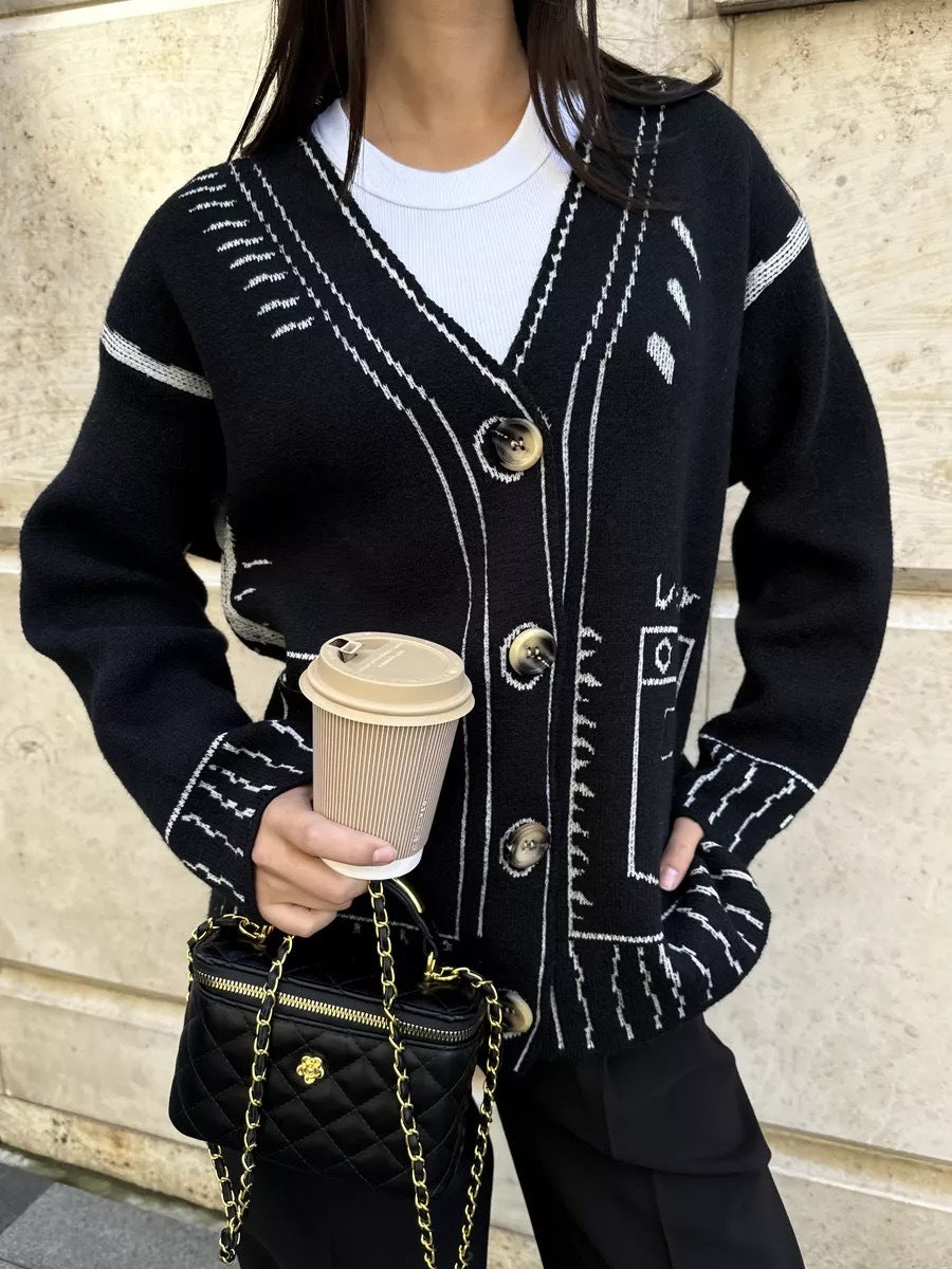 Sketch Line Art Jacquard Knit Cardigan - Black - 1