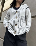Sketch Line Art Jacquard Knit Cardigan - White